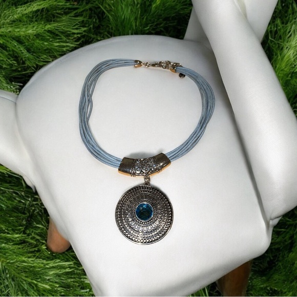 Silver Plated Necklace Light Blue Statement Piece - Picture 1 of 3